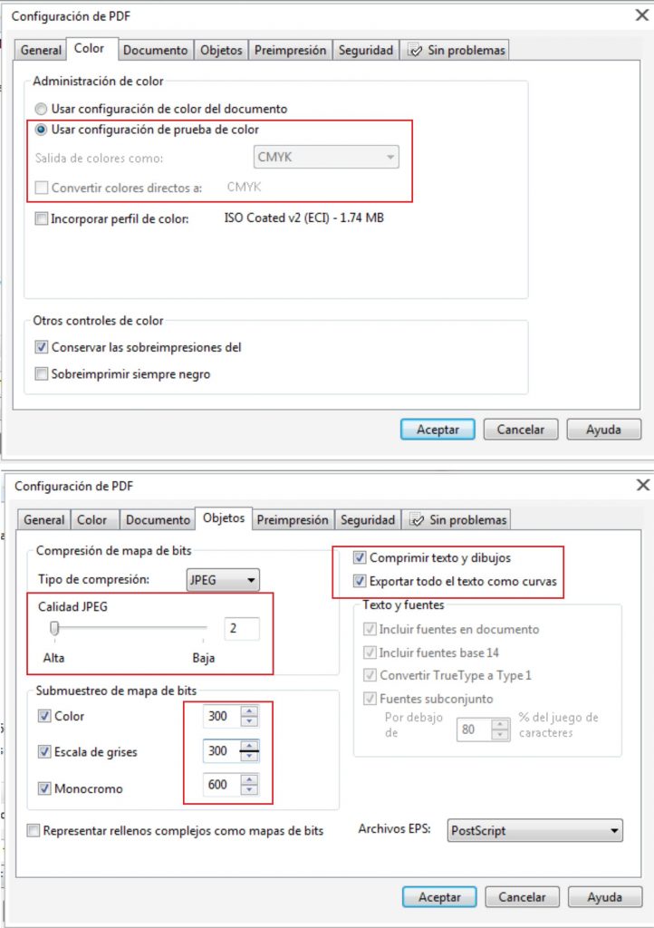 Configuración para exportar en Corel Draw.